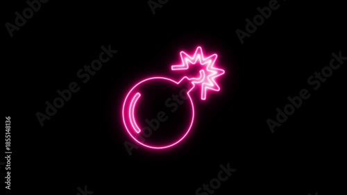 Bomb icon in pink neon light on black background. Neon Icon. Neon Sign
