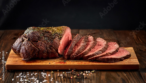 Tri Tip Beef Roast Sliced And Fanned Out On Wooden Board With Seasoning