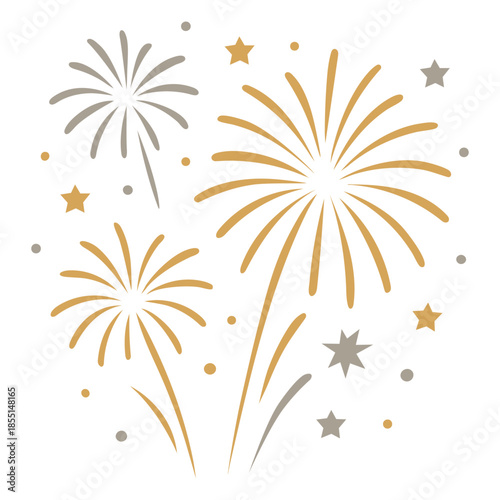 Minimalist black fireworks line art explosion set on white background.