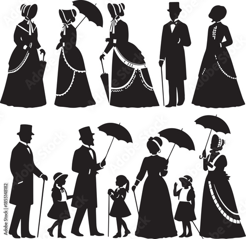 PriVictorian era family silhouettes walking outdoorsnt