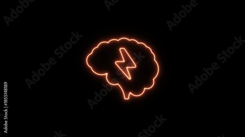 Creative mind with lightning bolt orange neon animation symbolizing innovation. Neon Icon. Neon Sign
