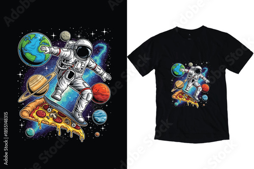 Astronaut skateboarding on pizza slice in outer space vector illustration.