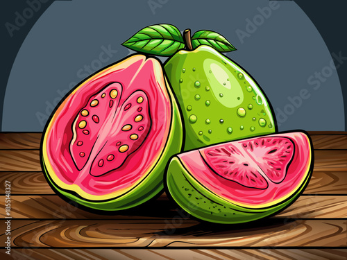 vector of Fresh halved guava with vibrant pink flesh and green skin on a dark background, placed on a wooden table.