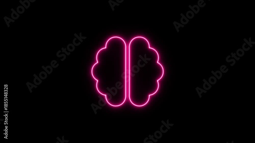 Glowing pink brain outline neon animation on black background. Neon Icon. Neon Sign