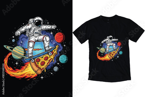 Astronaut skateboarding on pizza slice in outer space vector illustration.