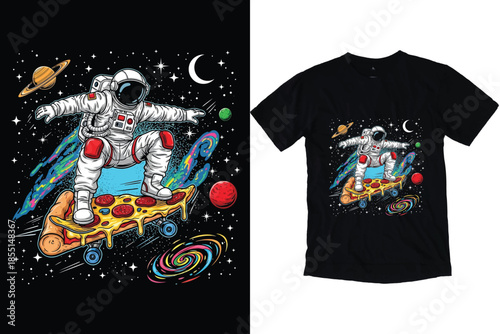 Astronaut skateboarding on pizza slice in outer space vector illustration.