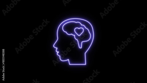 Human head purple neon icon with heart inside brain. Neon Icon. Neon Sign