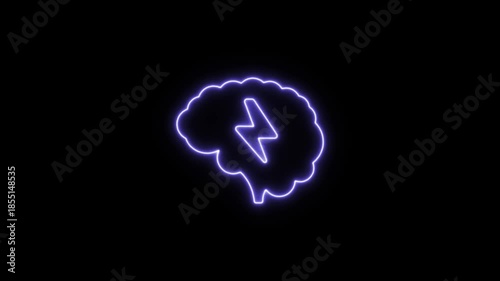 Neon brain purple icon with lightning bolt symbolizing intelligence. Neon Icon. Neon Sign