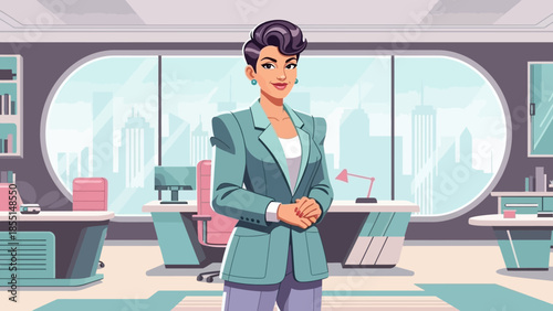 Cartoon Businesswoman Standing in Modern Office.