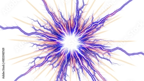 A magnificent, multi-colored energy burst featuring purple, blue, and orange lightning bolts and rays radiating from a bright white glowing center on a pristine white background.