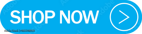 Blue shop now button vector with white chevron icon and bold left-aligned text design