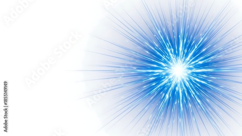 Vibrant blue light explosion with dynamic energy rays on white background