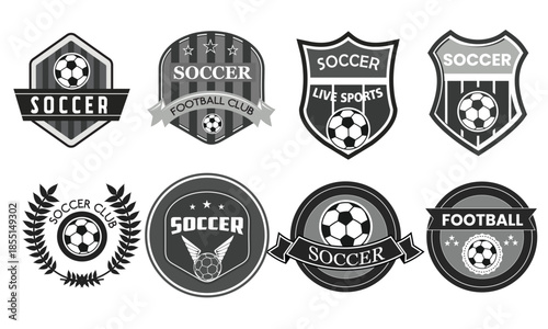 Dynamic collection of eight monochrome soccer and football club logo badges, shields, and emblems for championship identity design.
