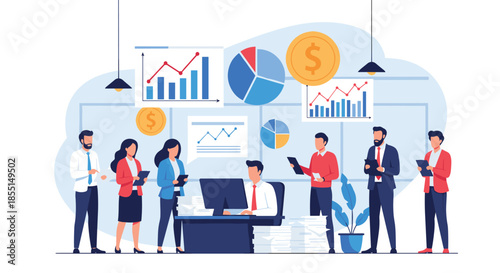 Group of professional analysts working together to analyze financial data, growth charts, and investment performance on a wall.