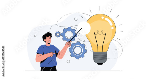 Young man pointing a wand at a giant glowing lightbulb and mechanical gears to symbolize a successful creative business idea.