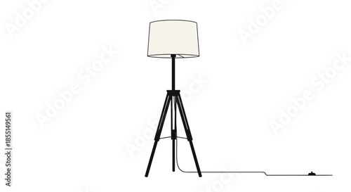 Stylish black tripod floor lamp with a white fabric lampshade isolated on a clean white background for interior design.