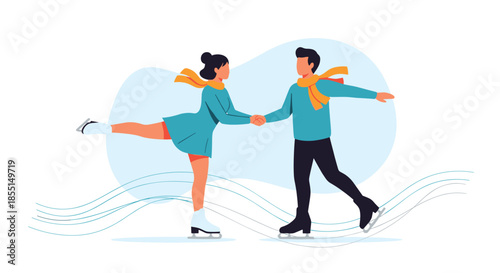 Romantic couple holding hands while ice skating together on a frozen rink with flowing musical lines in the background.