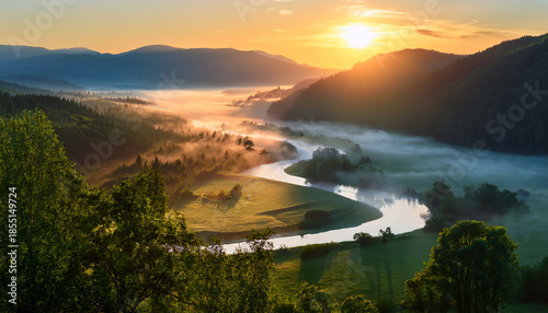 Scenic Sunrise Over Winding River Carving Through Misty Woodland For Nature And Travel Backgrounds Misty Morning In The Mountains