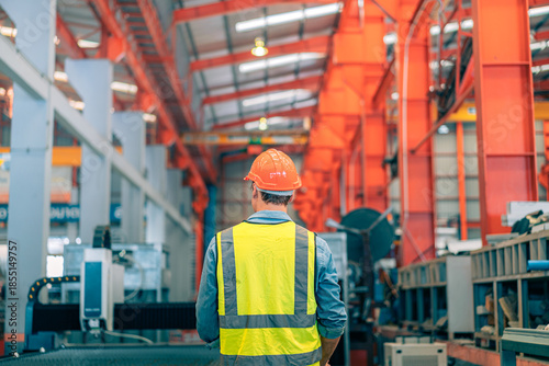 Caucasian industrial engineer man wear safety helmet vest operating CNC laser cutting machine control panel. Professional worker monitoring digital screen system. Manufacturing automation technology
