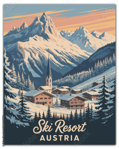 Austria ski resort poster, vintage alpine winter landscape illustration featuring snowy mountains, village, pine trees, holiday travel