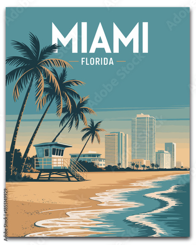 Miami, florida beach skyline illustration with palm trees lifeguard tower ocean waves and vintage travel poster