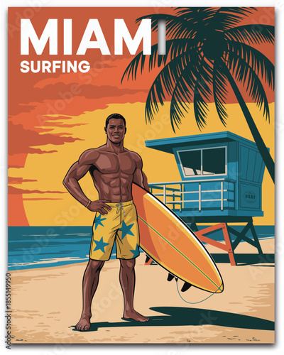 Miami, vintage surfing beach travel poster featuring lifeguard tower palm trees ocean sunset summer coastal lifestyle illustration