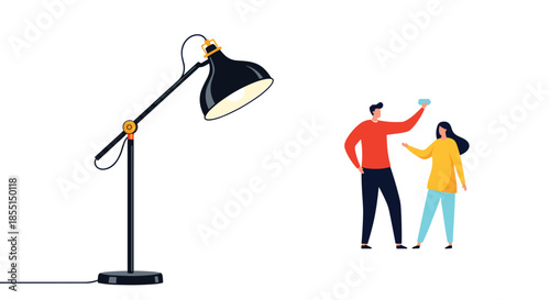 Tiny man and woman standing and talking next to a massive adjustable black desk lamp illuminating their space.