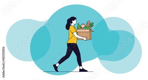 Young woman walking and carrying a cardboard box filled with fresh vegetables, bread, and bottled drinks for delivery.