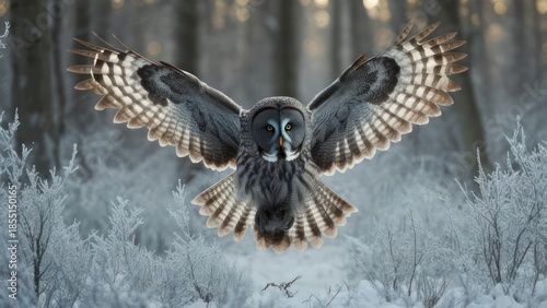 Grey owl in flight over a snowy forest