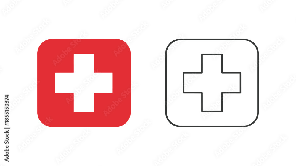 Fototapeta premium Two variations of a plus sign symbol red filled and white outlined