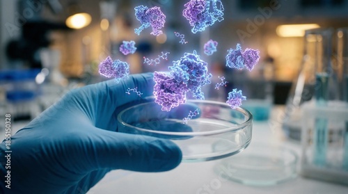 Drug discovery research close-up of scientist hand holding petri dish with glowing purple and blue holographic protein structures and molecule binding models in laboratory.