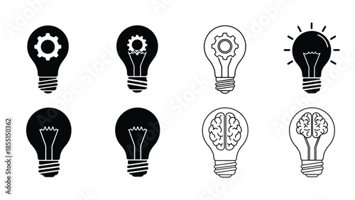 Illustrative set of lightbulbs and brains representing ideas and intelligence