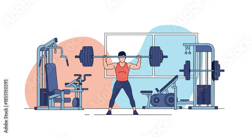 Athletic man performing a heavy barbell lift in a well-equipped gym with exercise machines and weights in the background.