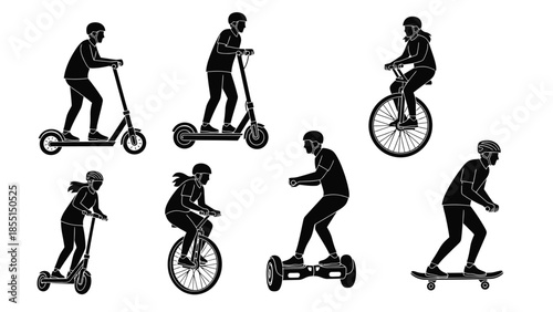 Variety of personal mobility devices scooters unicycles and skateboards shown