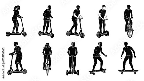 Silhouettes of people riding various personal transportation devices outdoors