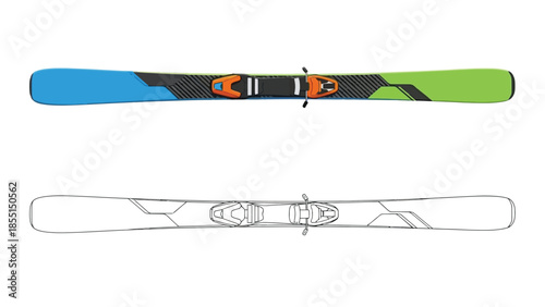 A vibrant snowboard design with bindings shown in color and outline views