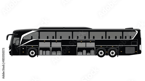 A sleek black tour bus illustration depicted in a side profile view