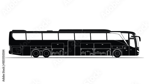 A sleek black tour bus illustration presented in a side profile view