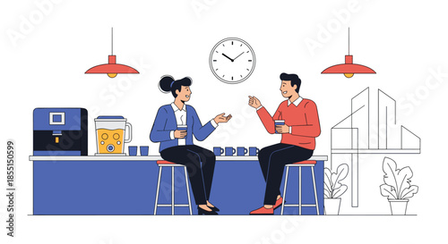 Male and female friends enjoying coffee and chatting while sitting at a blue bar counter in a stylish modern cafe.
