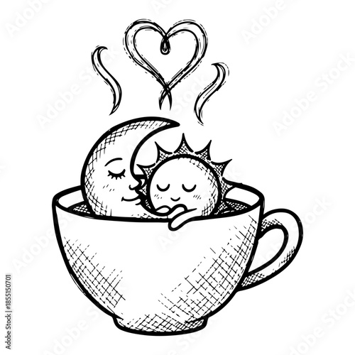 Sun and Moon Hugging in Cup - Vector Cute Celestial Coffee Sketch