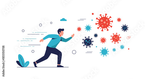 Concerned man running away from various colorful virus particles symbolizing the spread of infection and pandemic.