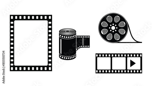 Film reels and strips classic cinema elements in black and white