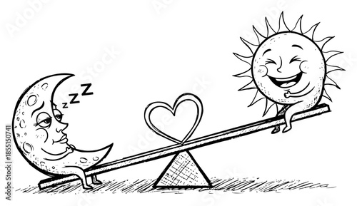 Sun and Moon on Seesaw with Heart - Vector Cute Celestial Balance Sketch