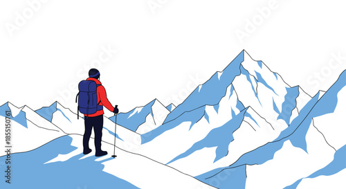 Adventurous hiker with a backpack standing on a snowy ridge and looking at vast mountain ranges under a clear sky.