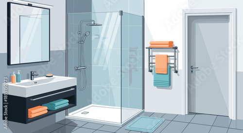 Clean and modern bathroom interior featuring a glass shower stall, white sink with vanity, mirror, and tiled floor.