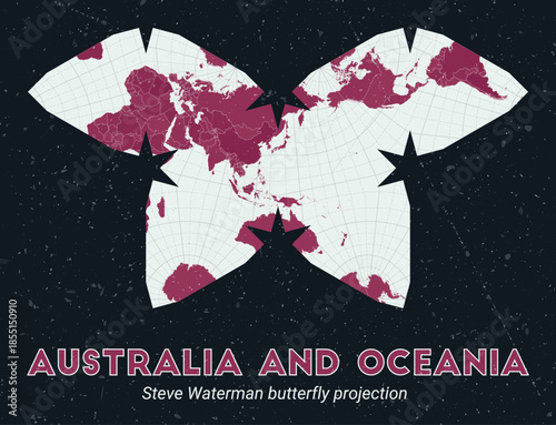 Australia and Oceania. World map. Steve Waterman butterfly projection centered to Australia and Oceania. Pale Mint Dark Pink palette. Vintage texture. Authentic vector illustration.