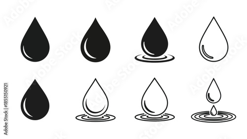 A collection of black and white water droplet illustrations in various shapes