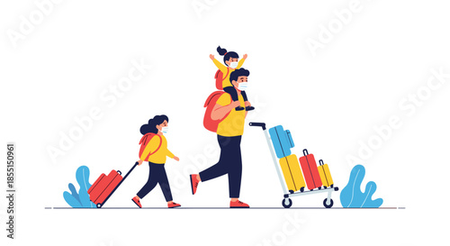 Family wearing medical face masks traveling with many suitcases and bags during global pandemic lockdown restrictions.