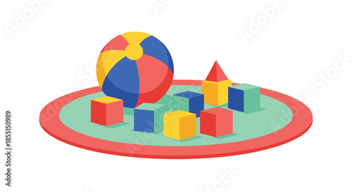 Colorful children toys including a beach ball and building blocks arranged on a green round play rug in a nursery room.