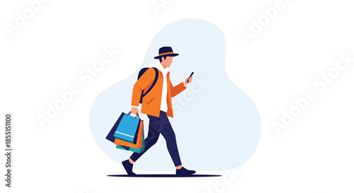 Young man walking while carrying several colorful shopping bags and looking at his smartphone for sales and discounts.